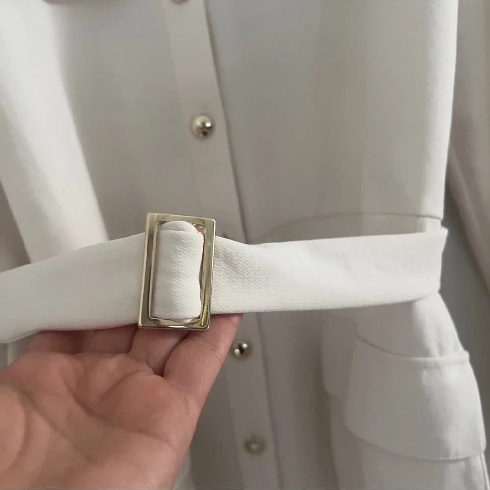 ZARA Women’s XL Gold Button Utility Belted Shirt Dress Ivory Cream Butter White - Picture 8 of 13